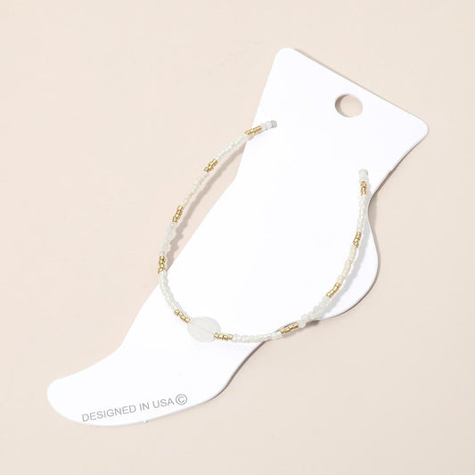Madeline Love Gold, White Oval Stone Accent Faceted Beaded Anklet - Anklets