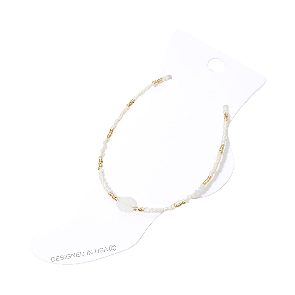 Madeline Love Gold, White Oval Stone Accent Faceted Beaded Anklet - Anklets - desc