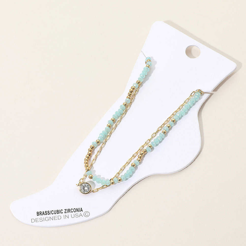 Madeline Love Gold, Light Blue CZ Stone Bezel Accent Paperclip Chain Faceted Beaded Layered Anklet - Anklets