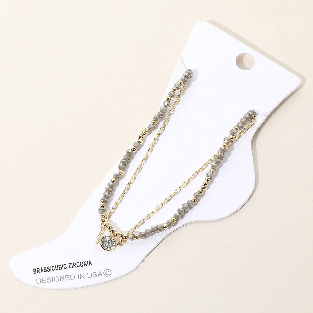 Madeline Love Gold, Gray CZ Stone Bezel Accent Paperclip Chain Faceted Beaded Layered Anklet - Anklets