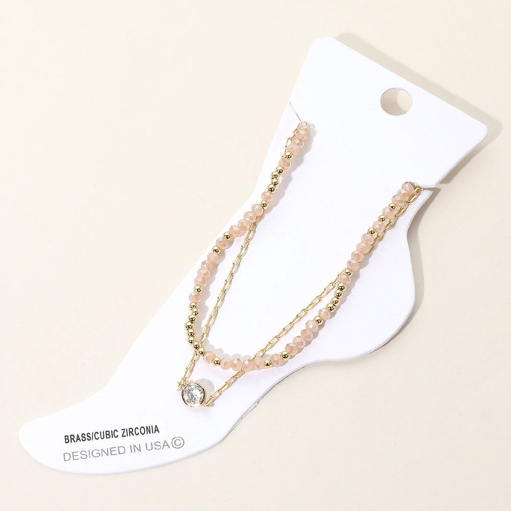 Madeline Love Gold, Pink CZ Stone Bezel Accent Paperclip Chain Faceted Beaded Layered Anklet - Anklets