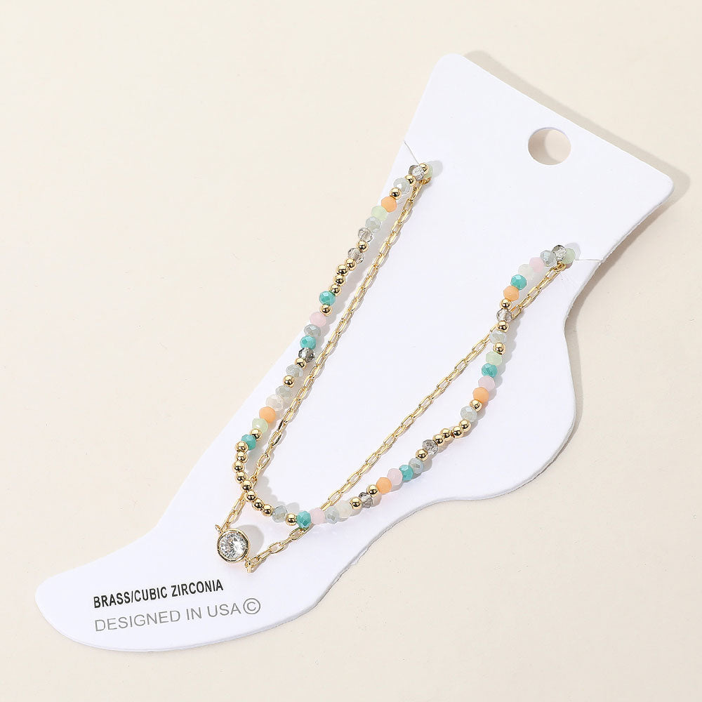 Madeline Love Gold, Multi CZ Stone Bezel Accent Paperclip Chain Faceted Beaded Layered Anklet - Anklets