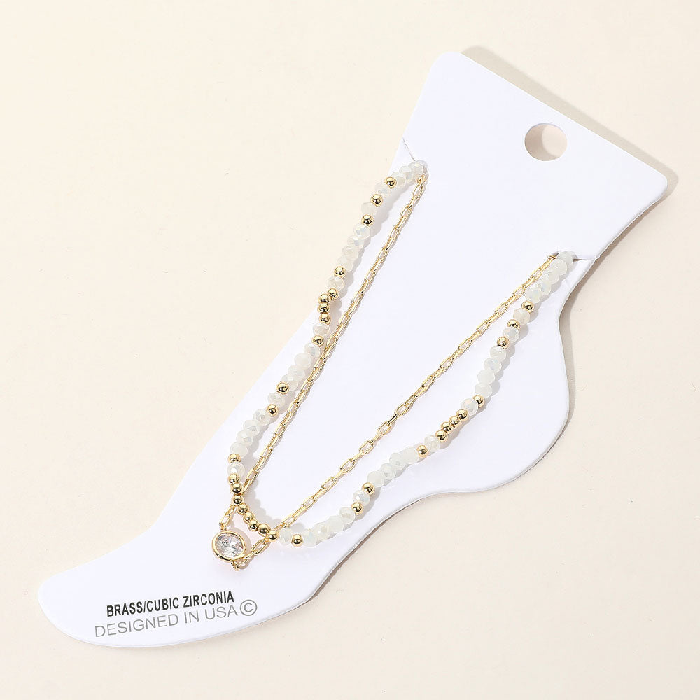 Madeline Love Gold, White CZ Stone Bezel Accent Paperclip Chain Faceted Beaded Layered Anklet - Anklets