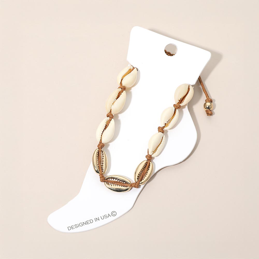 Madeline Love Brown, Cream Conch Shell Beaded Adjustable Cinch Pull Tie Anklet - Anklets