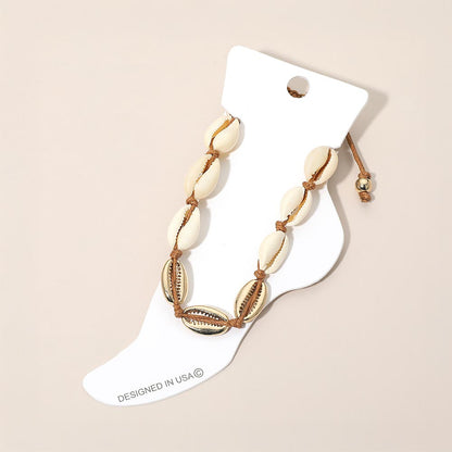 Madeline Love Brown, Cream Conch Shell Beaded Adjustable Cinch Pull Tie Anklet - Anklets