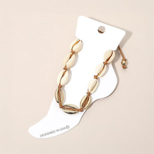 Madeline Love Brown, Cream Conch Shell Beaded Adjustable Cinch Pull Tie Anklet - Anklets