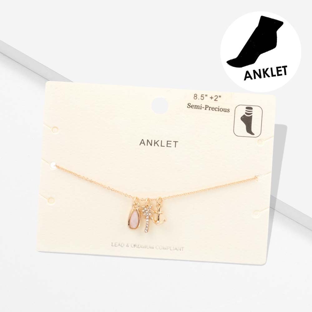 Gold, Pink Semi Precious Teardrop Palm Tree Anchor Charm Anklet