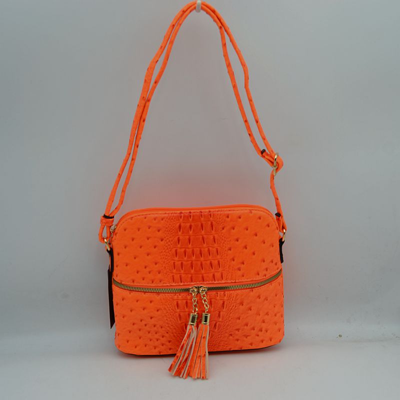 Ostrich-Embossed Dome Crossbody Bag with Dual Tassel Zippers - Coral - Crossbody Bags