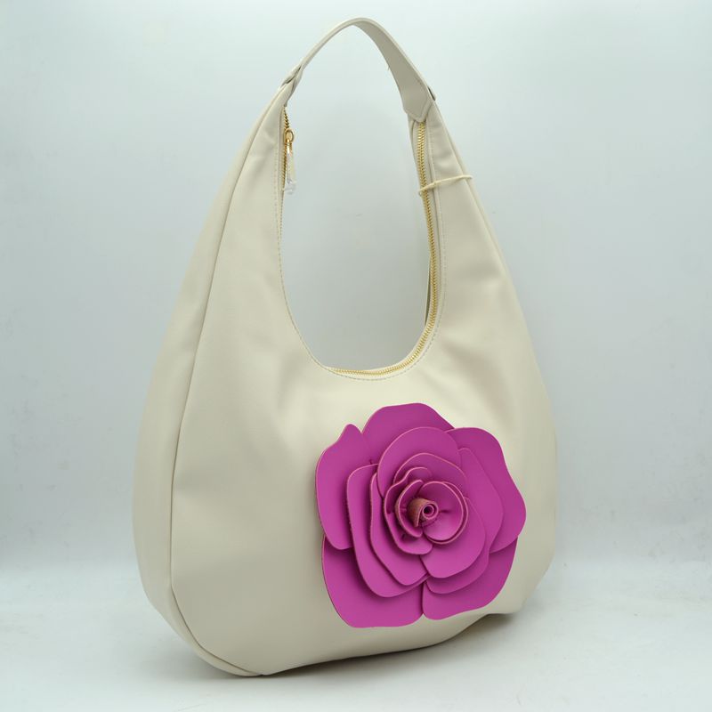 Slouchy Hobo Shoulder Bag with Dimensional Rose Applique - Beige - Shoulder Bag