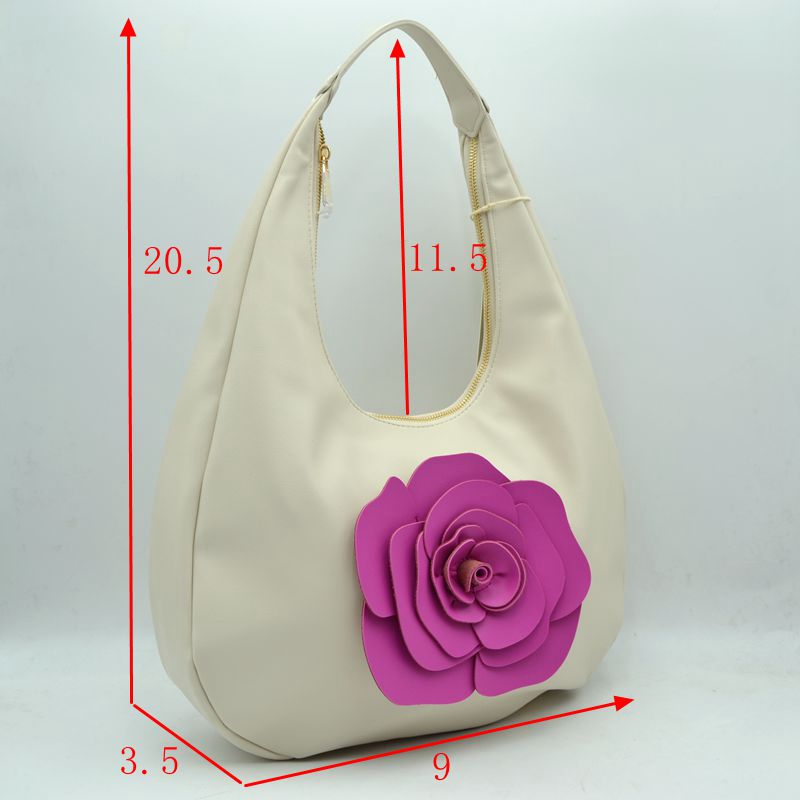 Slouchy Hobo Shoulder Bag with Dimensional Rose Applique - Shoulder Bag