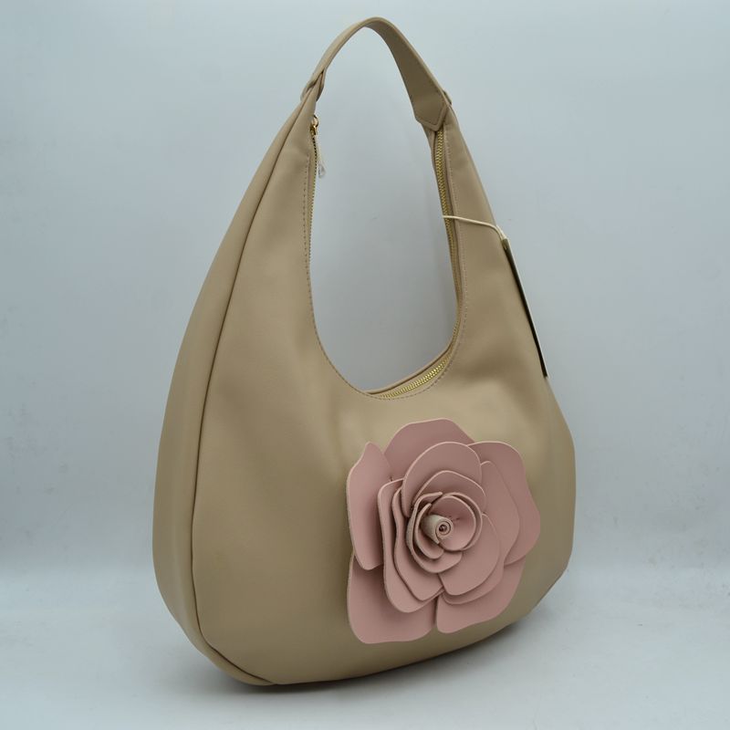Slouchy Hobo Shoulder Bag with Dimensional Rose Applique - Taupe - Shoulder Bag