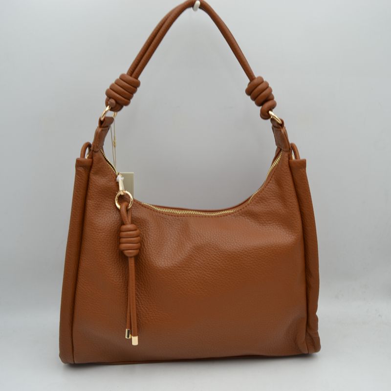 Slouchy Hobo Shoulder Bag with Knotted Strap Details and Gold-Tone Zipper Hardware - brown - Shoulder Bag