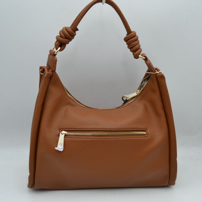 Slouchy Hobo Shoulder Bag with Knotted Strap Details and Gold-Tone Zipper Hardware - Shoulder Bag