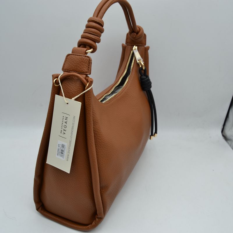 Slouchy Hobo Shoulder Bag with Knotted Strap Details and Gold-Tone Zipper Hardware - Shoulder Bag