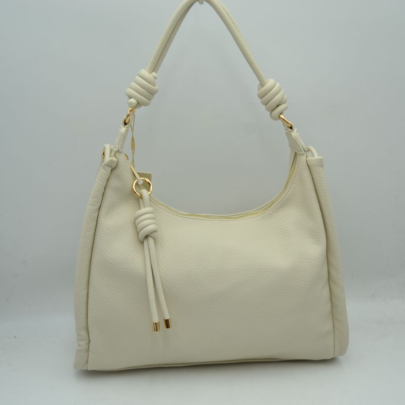 Slouchy Hobo Shoulder Bag with Knotted Strap Details and Gold-Tone Zipper Hardware - Ivory - Shoulder Bag