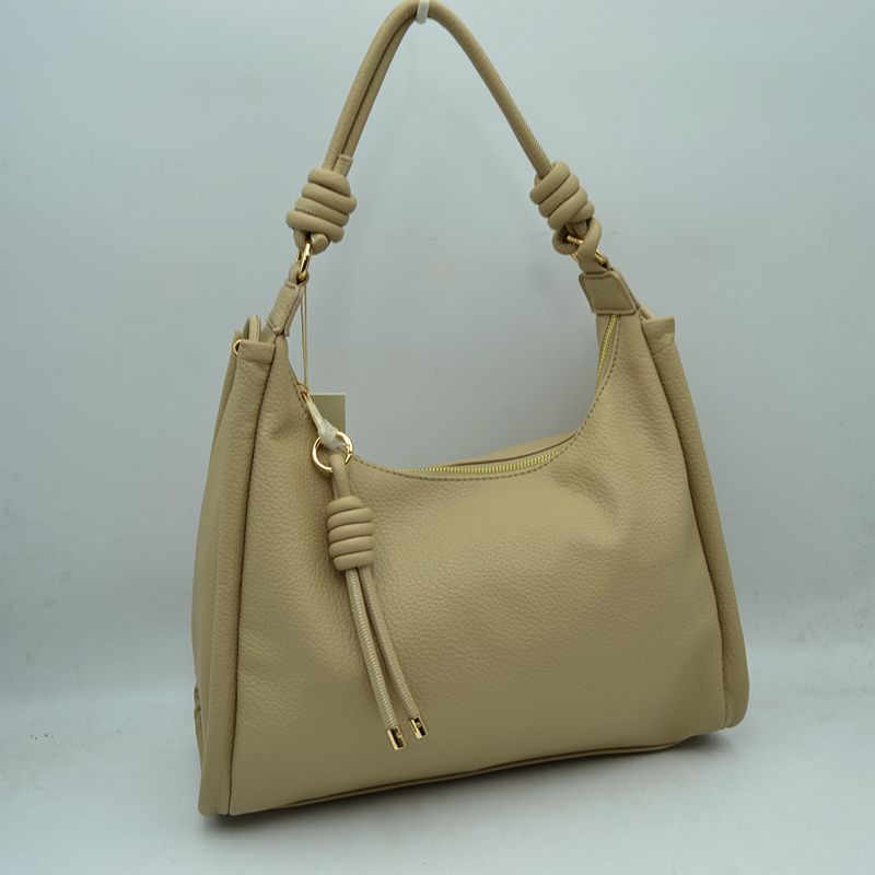 Slouchy Hobo Shoulder Bag with Knotted Strap Details and Gold-Tone Zipper Hardware - Taupe - Shoulder Bag