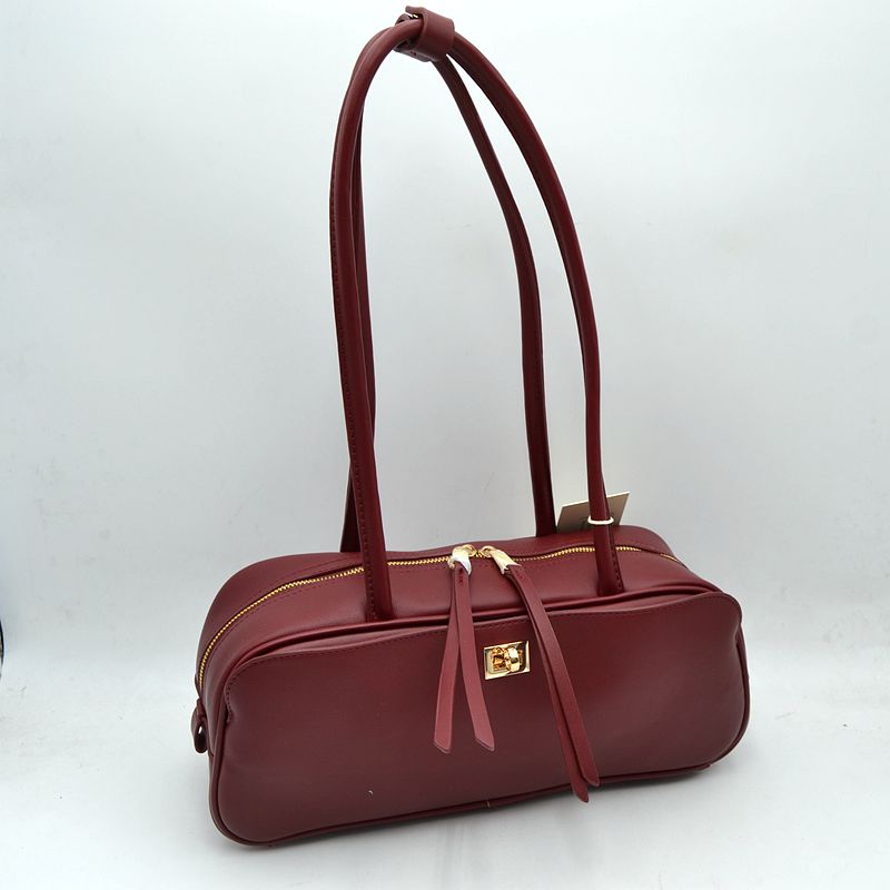 Structured Shoulder Bag with Long Double Straps and Clasp - Burgundy - Shoulder Bag