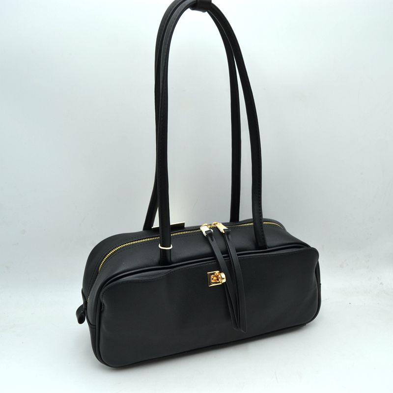 Structured Shoulder Bag with Long Double Straps and Clasp - Black - Shoulder Bag