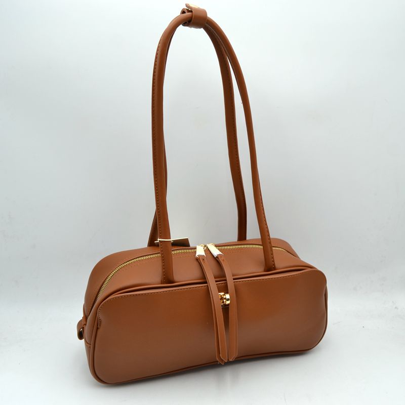 Structured Shoulder Bag with Long Double Straps and Clasp - Brown - Shoulder Bag