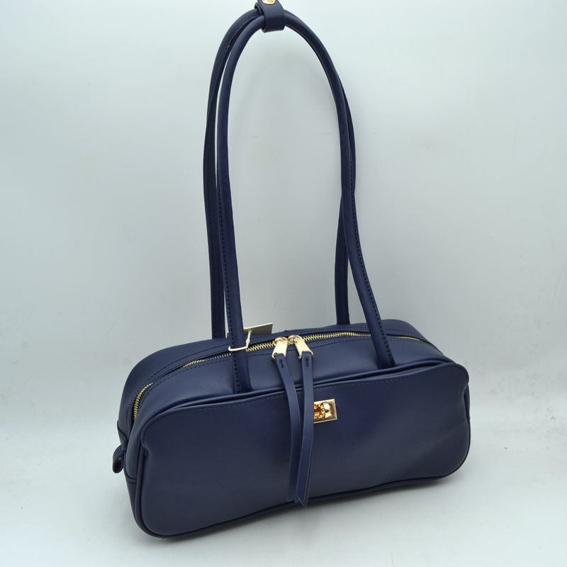 Structured Shoulder Bag with Long Double Straps and Clasp - Navy Blue - Shoulder Bag