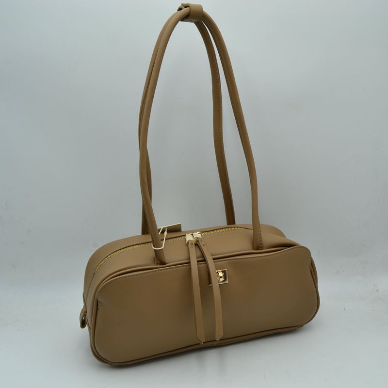 Structured Shoulder Bag with Long Double Straps and Clasp - Taupe - Shoulder Bag