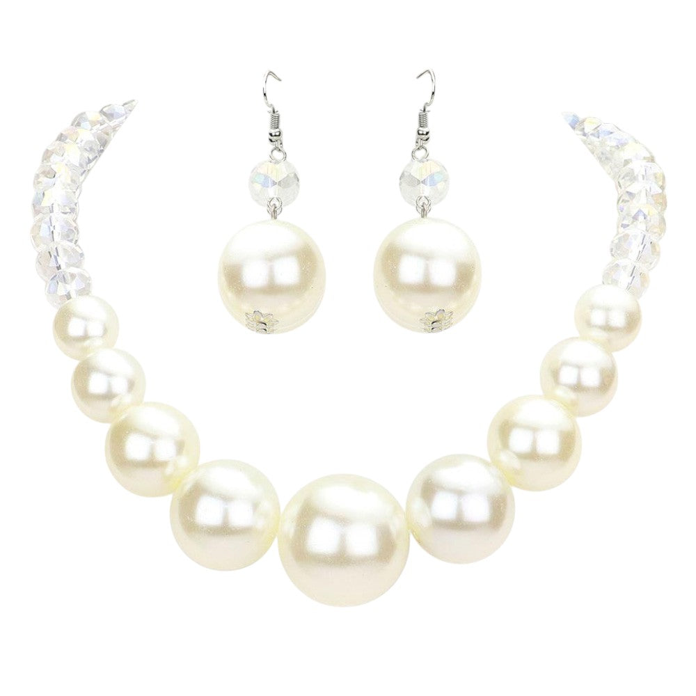 Faceted Beaded Chunky Pearl Necklace - AB White - Necklace