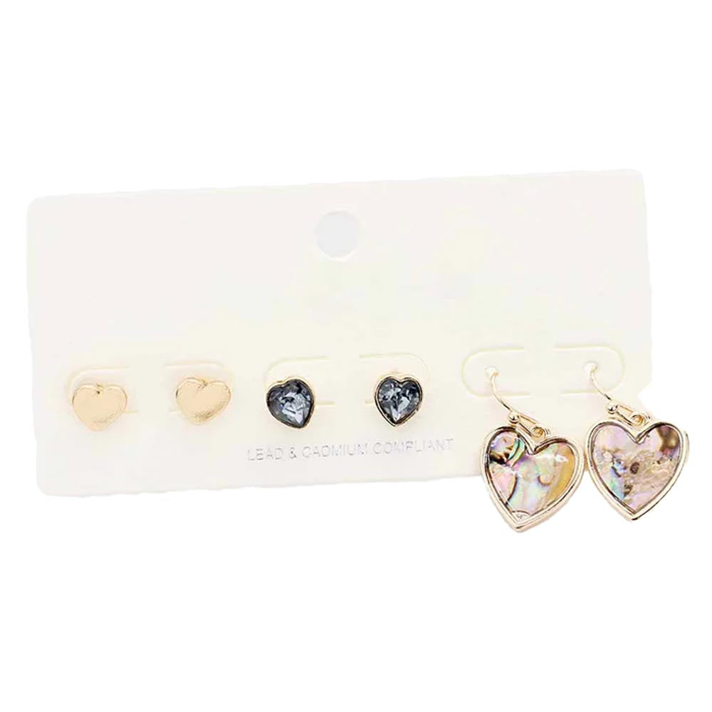 Abalone 3Pairs - Metal Stone Abalone Heart Earrings beautifully crafted design adds a gorgeous glow to any outfit. Perfect Birthday Gift, Valentine's Day Gift, Anniversary Gift, Mother's Day Gift, Regalo Cumpleanos, Regalo Dia del Amor, Regalo Dia de las Madres, Graduation Gift, Thank you Gift, Prom Jewelry