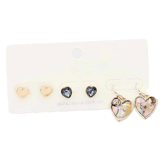 Abalone 3Pairs - Metal Stone Abalone Heart Earrings beautifully crafted design adds a gorgeous glow to any outfit. Perfect Birthday Gift, Valentine's Day Gift, Anniversary Gift, Mother's Day Gift, Regalo Cumpleanos, Regalo Dia del Amor, Regalo Dia de las Madres, Graduation Gift, Thank you Gift, Prom Jewelry