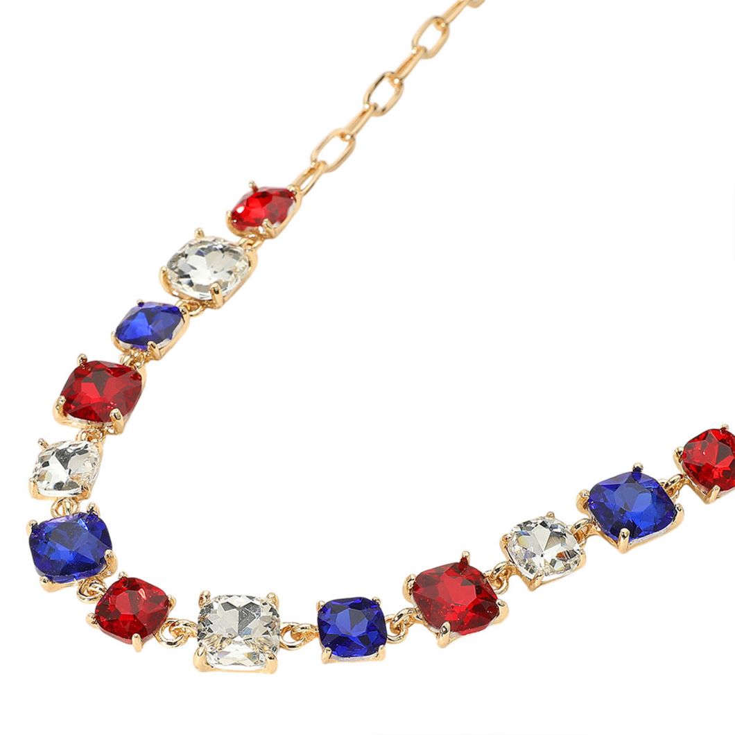 Blue, Clear, Red Make a statement with this American USA Cushion Square Stone Link Evening Necklace, featuring bold cushion-cut stones linked in a striking, elegant design. Perfect for evening wear or special occasions, it adds a glamorous touch of American-inspired style to any outfit.