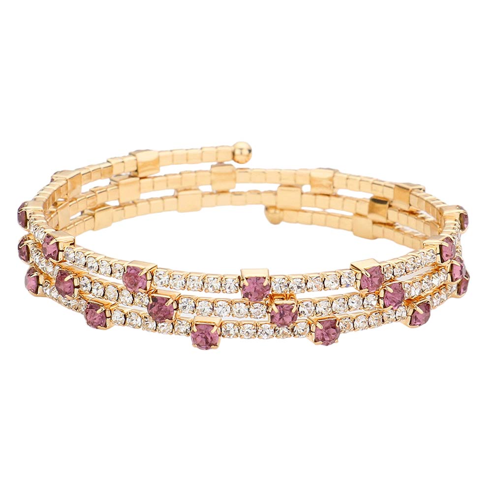 Amethyst Gold Rhinestone Coil Evening Bracelet, get ready with this rhinestone bracelet to receive the best compliments on any special occasion. This classy evening bracelet is perfect for parties, Weddings, and Evenings. Awesome gift for birthdays, anniversaries, Valentine’s Day, or any special occasion.