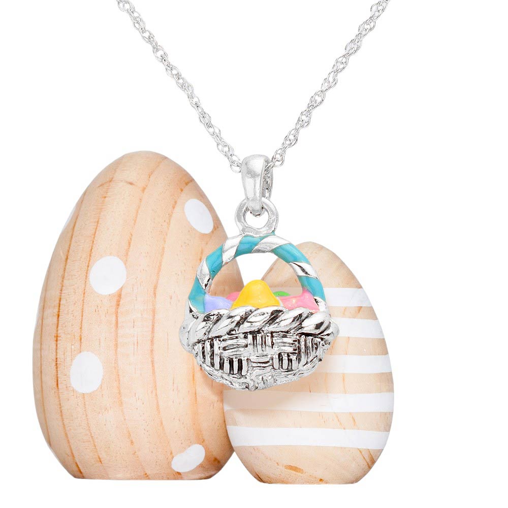 Antique Silver Enamel Easter Egg Basket Pendant Necklace is a charming addition to your jewelry collection. The handcrafted enamel egg pendant adds a touch of whimsy while the delicate chain provides a dainty elegance. Perfect for Easter celebrations or as a unique everyday accessory. A lovely Easter gift choice for someone you love.