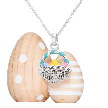 Antique Silver Enamel Easter Egg Basket Pendant Necklace is a charming addition to your jewelry collection. The handcrafted enamel egg pendant adds a touch of whimsy while the delicate chain provides a dainty elegance. Perfect for Easter celebrations or as a unique everyday accessory. A lovely Easter gift choice for someone you love.