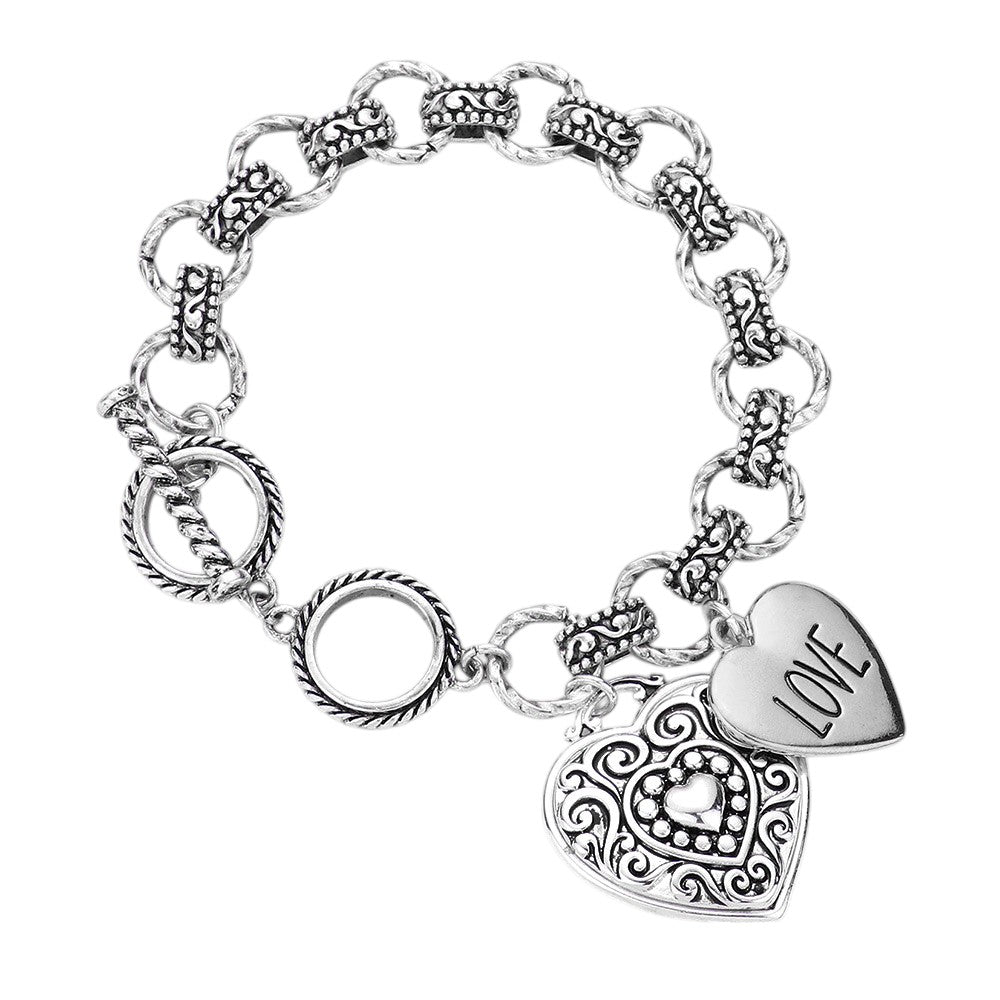Antique Metal Heart Charm Toggle Bracelet - Antique Silver - Bracelets