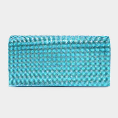 Aqua Shine at every occasion with this aqua crystal clutch, designed with a sleek silhouette and shimmering detail. Perfect for weddings, galas, and nights out, this glamorous statement bag adds elegance and sparkle to any outfit.