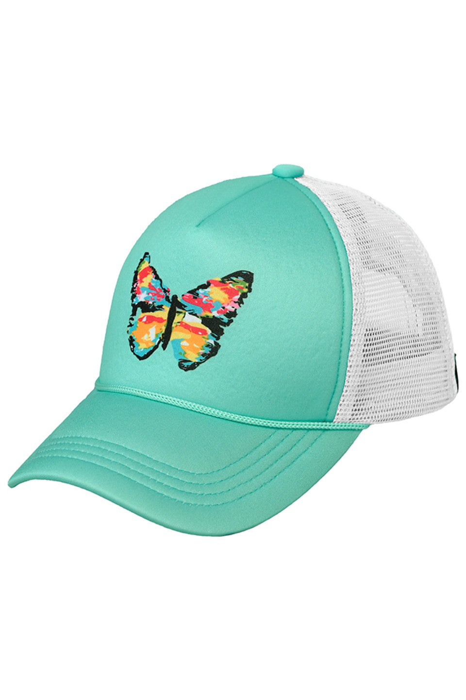 Aqua C.C Hand-Painted Abstract Butterfly Trucker Cap features a beautiful and unique hand-painted butterfly design that adds a touch of art to your wardrobe. Made with high-quality materials, it provides both style and comfort. Elevate your fashion with this statement piece while protecting yourself from the sun with its trucker-style design.