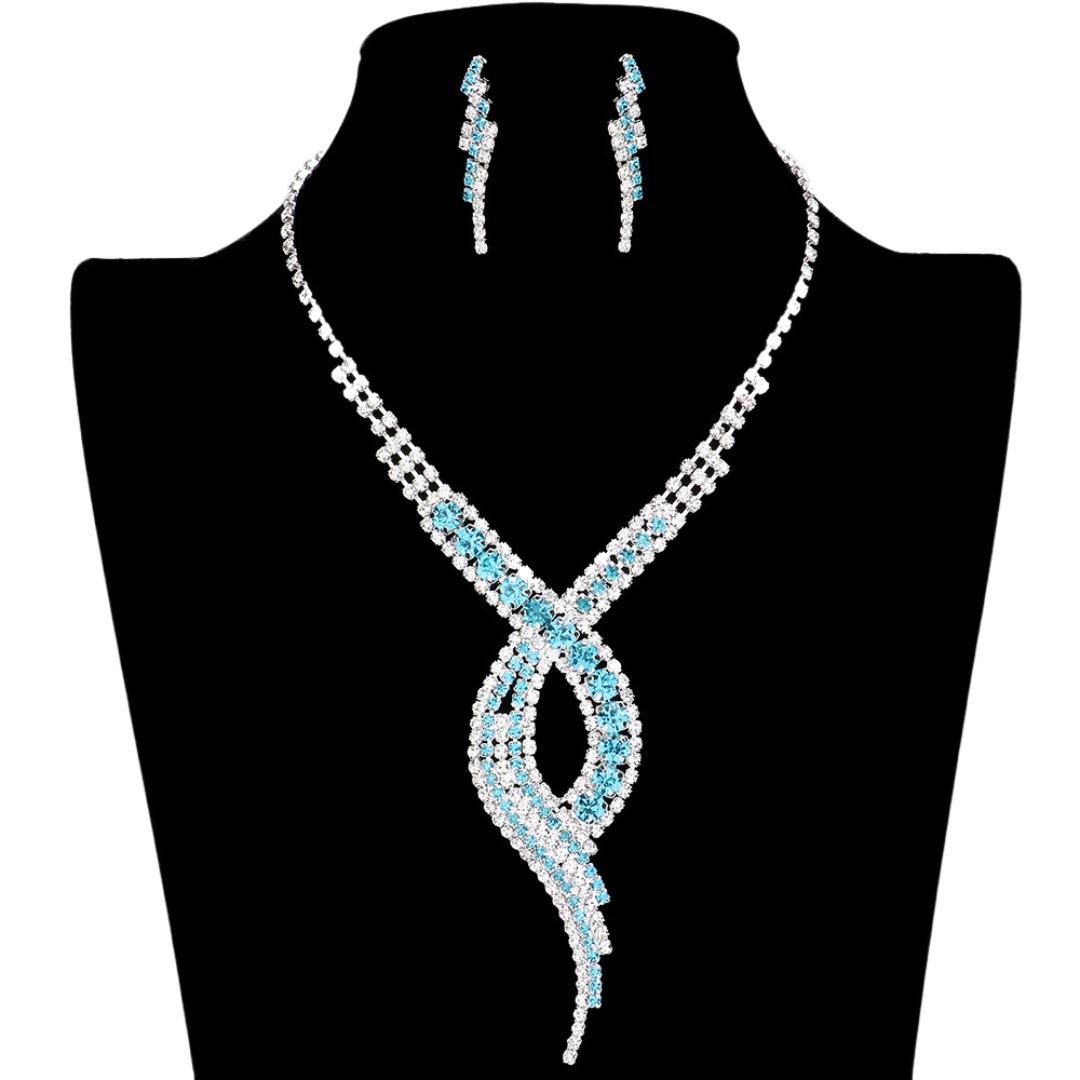 Aqua Swirl Rhinestone Pave Necklace, get ready with this swirl rhinestone pave necklace to receive the best compliments on any special occasion. These classy swirl rhinestone pave necklaces are perfect for parties, weddings, and evenings. Awesome gift for birthdays, anniversaries, Valentine‚Äö√Ñ√¥s Day, or any special occasion.
