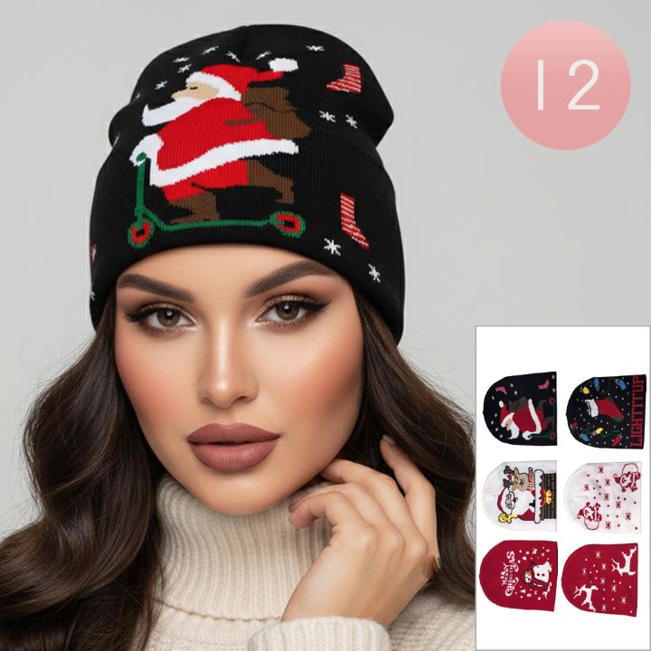 12PCS - CHristmas Knit Winter Beanie Hats - Assorted - Beanie Hats