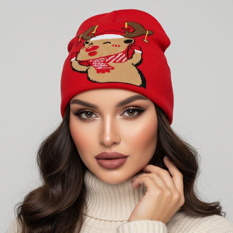 Spread holiday cheer with this Christmas knit beanie featuring a playful reindeer design. Perfect for winter festivities, parties, or gifting, this cozy hat combines seasonal charm with warmth and comfort, making it an essential accessory for the holiday season.