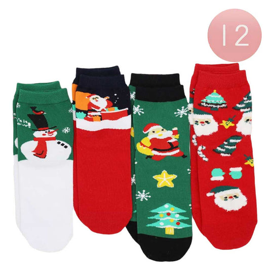 Assorted 12Pairs Gingerbread man Rudolph Santa Claus Snowman Snowflake Socks, perfect for adding a festive touch to outfits. The intricate details and high-quality fabric will keep your feet comfortable and festive designs put you in holiday spirit. Ideal Gift item for your family members and friends in this Christmas season.