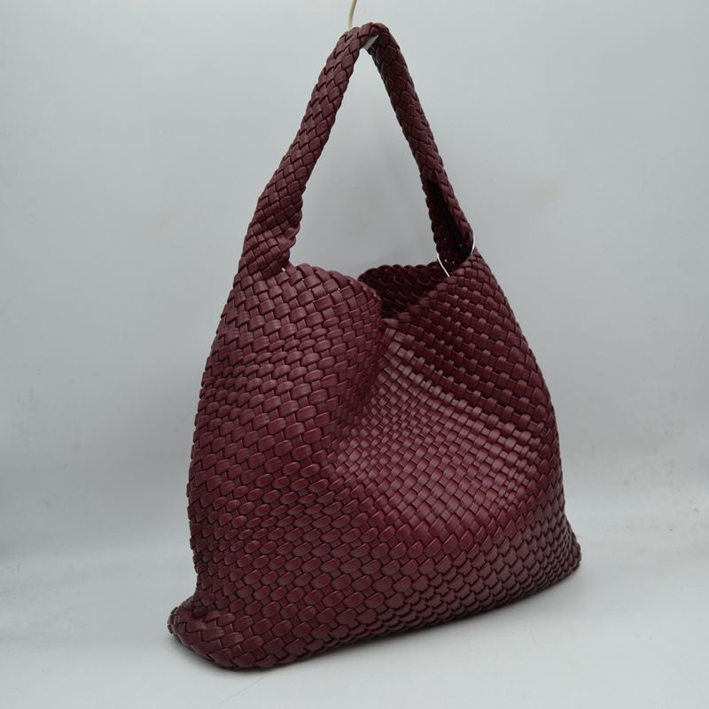 Woven Slouchy Shoulder Bag with Matching Zipper Pouch Set - Burgundy - Shoulder Bag