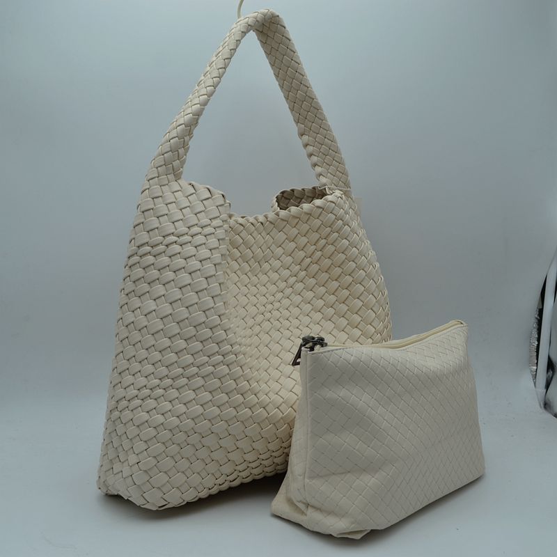 Woven Slouchy Shoulder Bag with Matching Zipper Pouch Set - Beige - Shoulder Bag