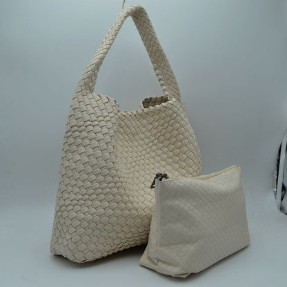 Woven Slouchy Shoulder Bag with Matching Zipper Pouch Set - Beige - Shoulder Bag