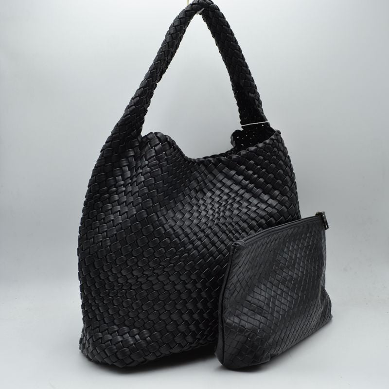 Woven Slouchy Shoulder Bag with Matching Zipper Pouch Set - Black - Shoulder Bag