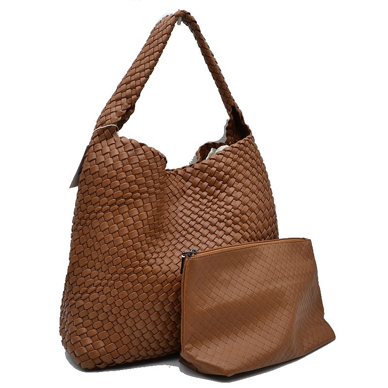 Woven Slouchy Shoulder Bag with Matching Zipper Pouch Set - Brown - Shoulder Bag