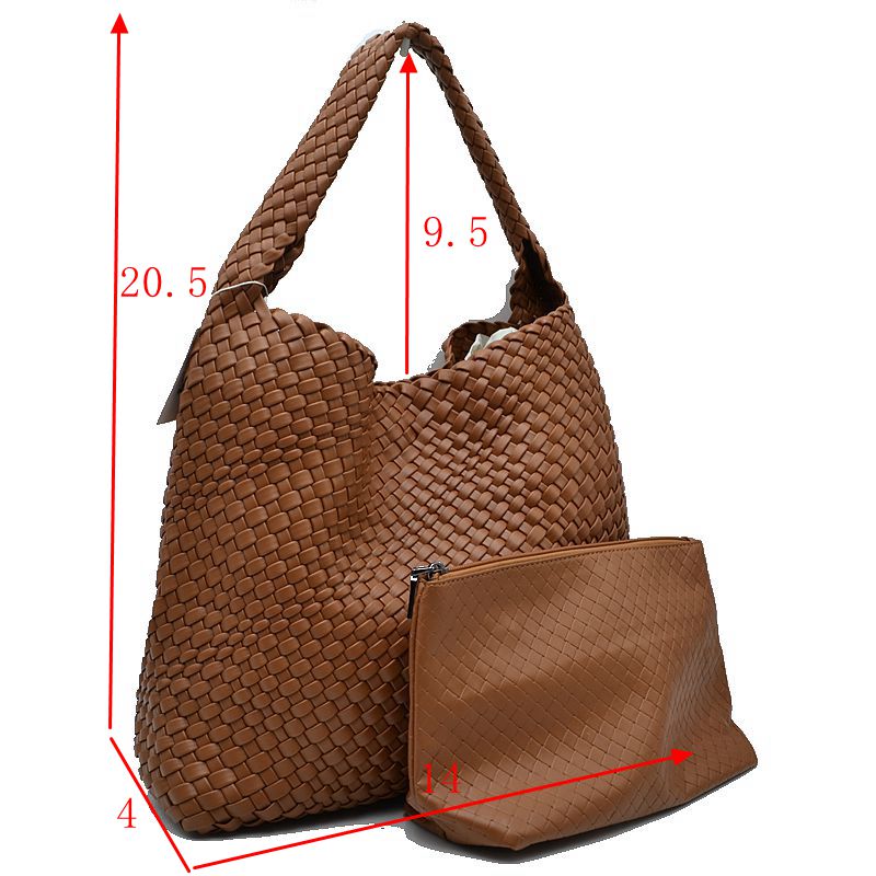 Woven Slouchy Shoulder Bag with Matching Zipper Pouch Set - Shoulder Bag