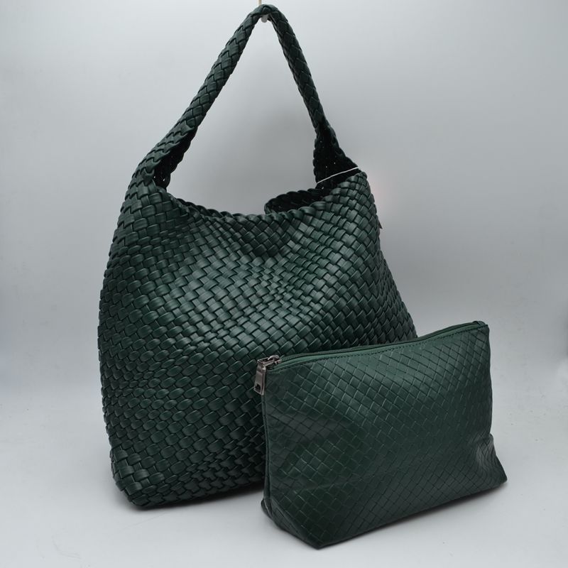 Woven Slouchy Shoulder Bag with Matching Zipper Pouch Set - Dark Green - Shoulder Bag