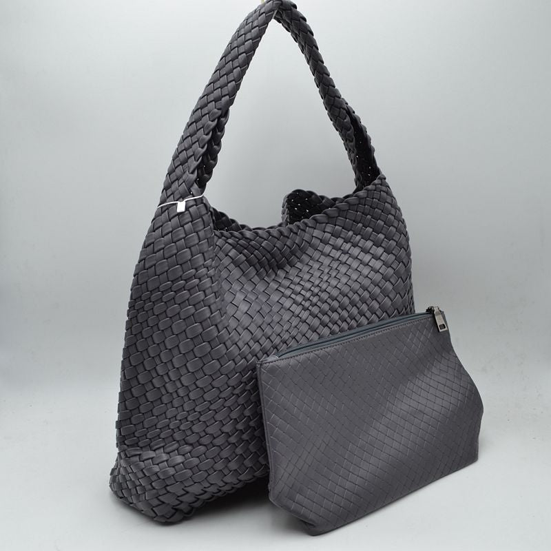 Woven Slouchy Shoulder Bag with Matching Zipper Pouch Set - Dark Gray - Shoulder Bag