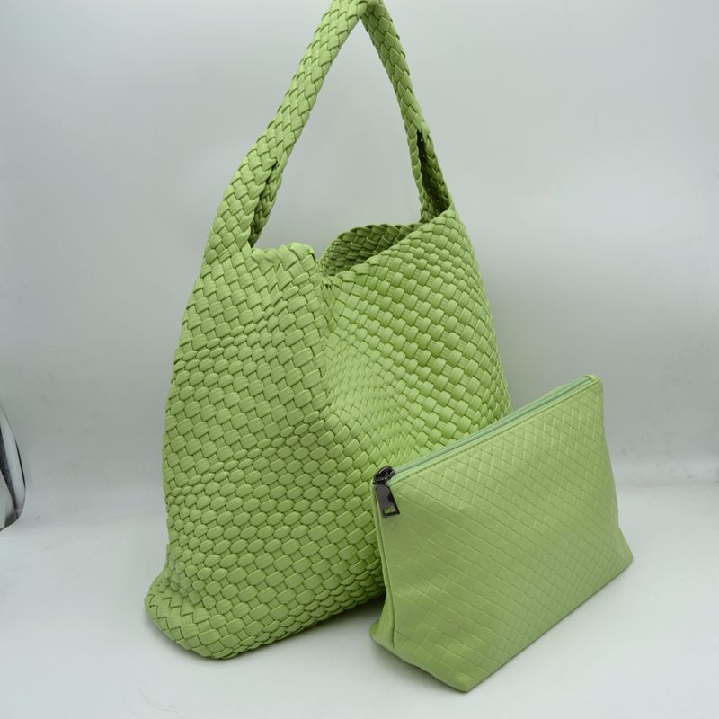 Woven Slouchy Shoulder Bag with Matching Zipper Pouch Set - Green - Shoulder Bag