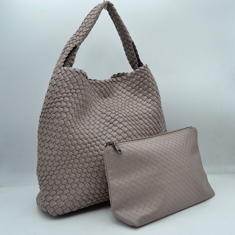 Woven Slouchy Shoulder Bag with Matching Zipper Pouch Set - Shoulder Bag