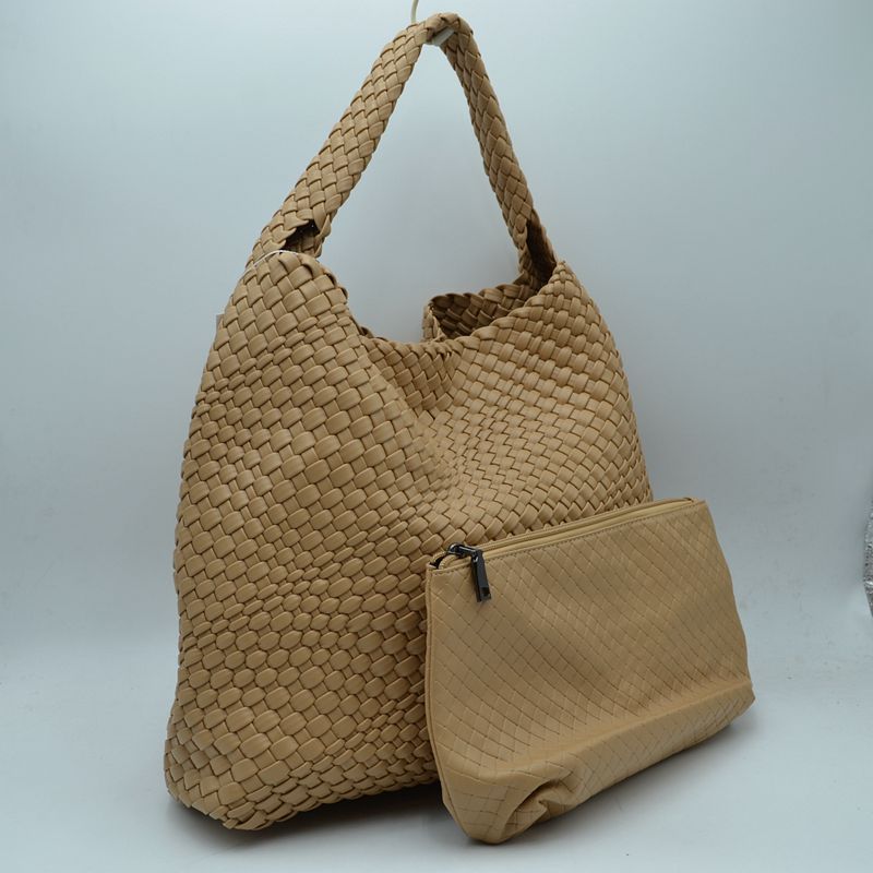 Woven Slouchy Shoulder Bag with Matching Zipper Pouch Set - Shoulder Bag